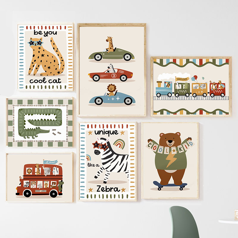 Baby Nursery Prints - Funny Cartoon Animals Car Bus Nursery