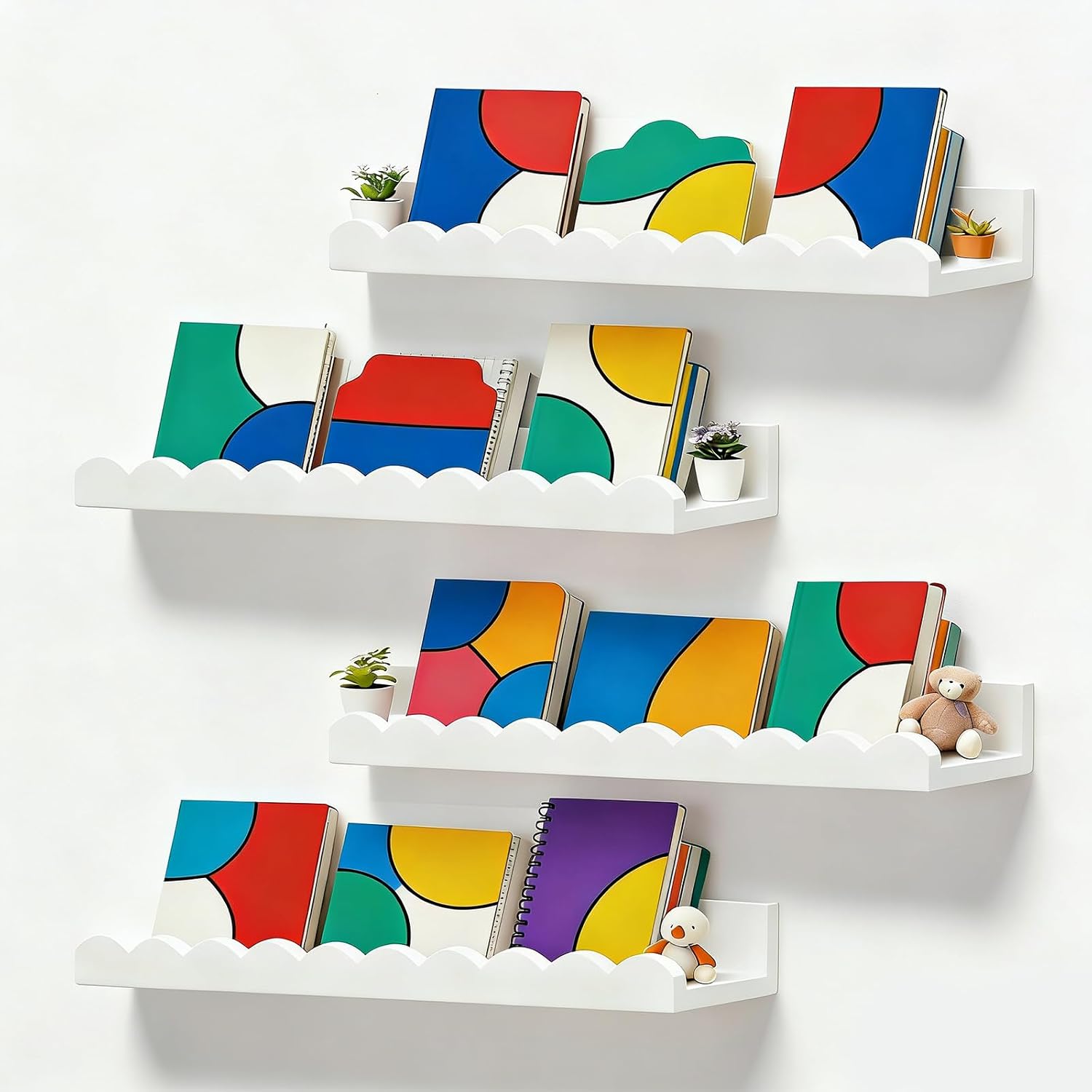 Baby Nursery Bookshelf - Set of 4 white scalloped floating