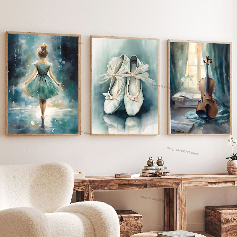 Baby Nursery Decor Girl - Watercolor Ballet Girl Shoes Cello Nursery