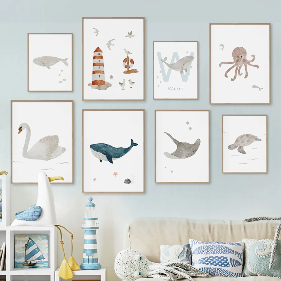 Baby Nursery Art - Name Whale Octopus Turtle Swan Sea