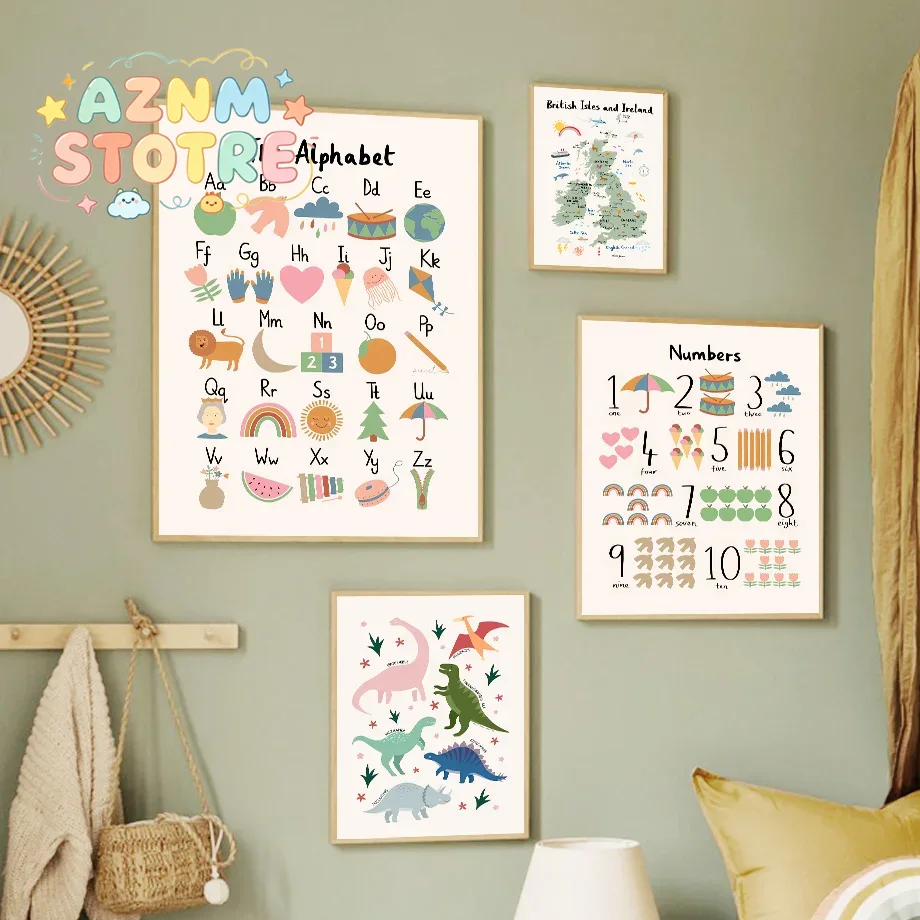 Baby Nursery Prints - Animal World Map Dinosaur Alphabet Number