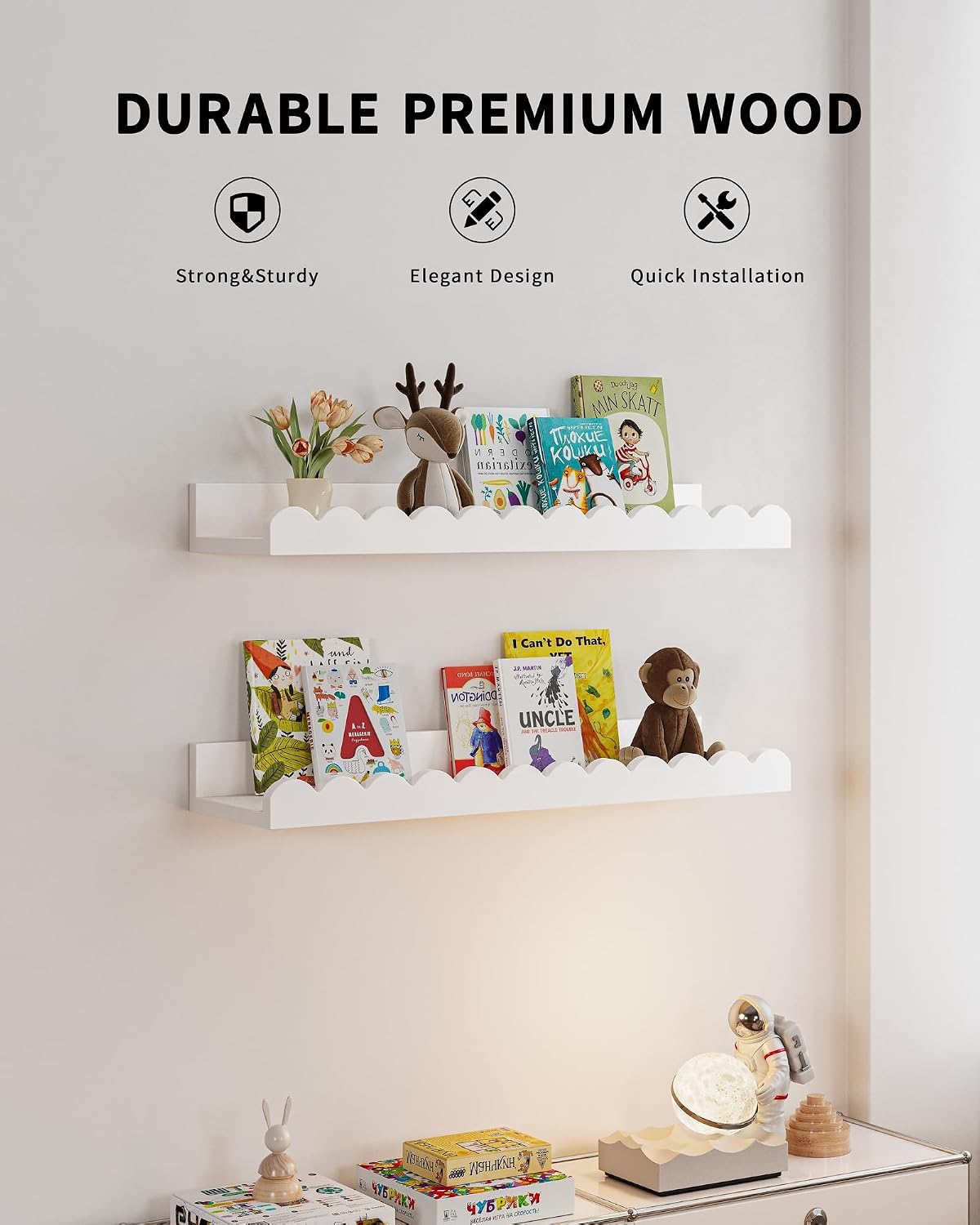 Set of 4 white scalloped float - Baby Nursery Bookshelf review and price