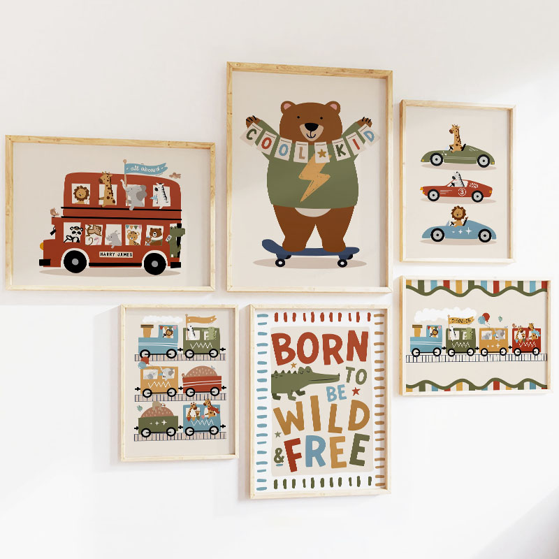 Funny Cartoon Animals Car Bus  - Baby Nursery Prints review and price