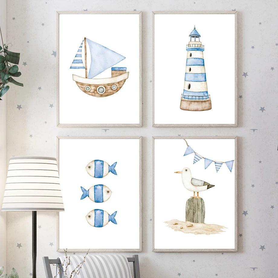 Sailboat Lighthouse Fish Nauti - Baby Nursery Prints review and price