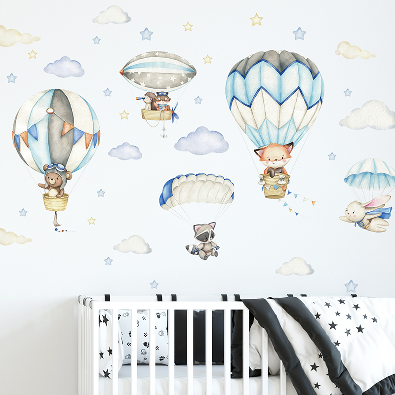 Cartoon Cute Animals Hot Air B - Baby Nursery Vinyl review and price