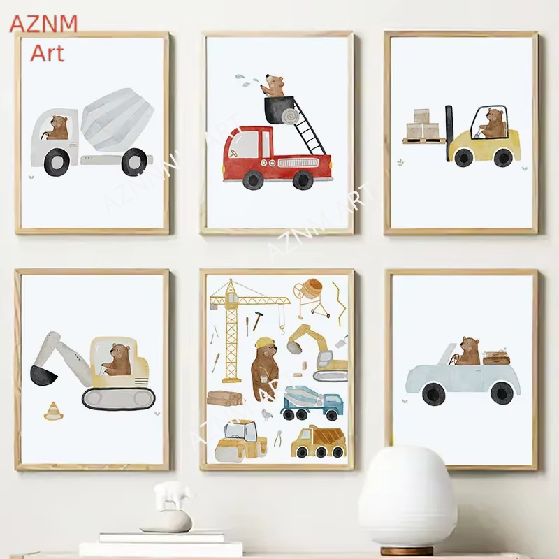 Cute Boho Bear Crane Excavator - Baby Nursery Art review and price